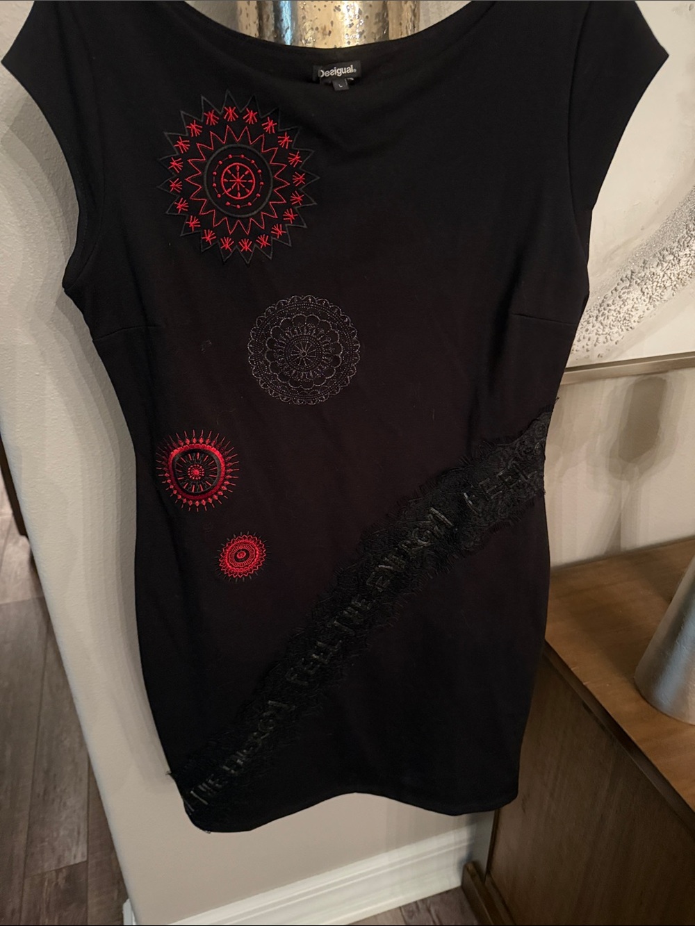 Desigual Black dress with Red Embroidered Medallions ptp 20